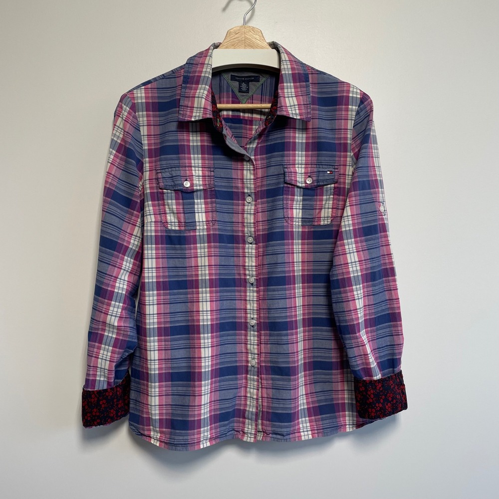 Tommy Hilfiger Women's Plaid Button Up Shirt Long Sleeve Pink Blue Size XL